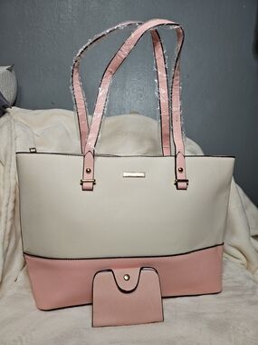 Cream and Pink Two-Tone Tote 13"×10" with Matching Wallet
